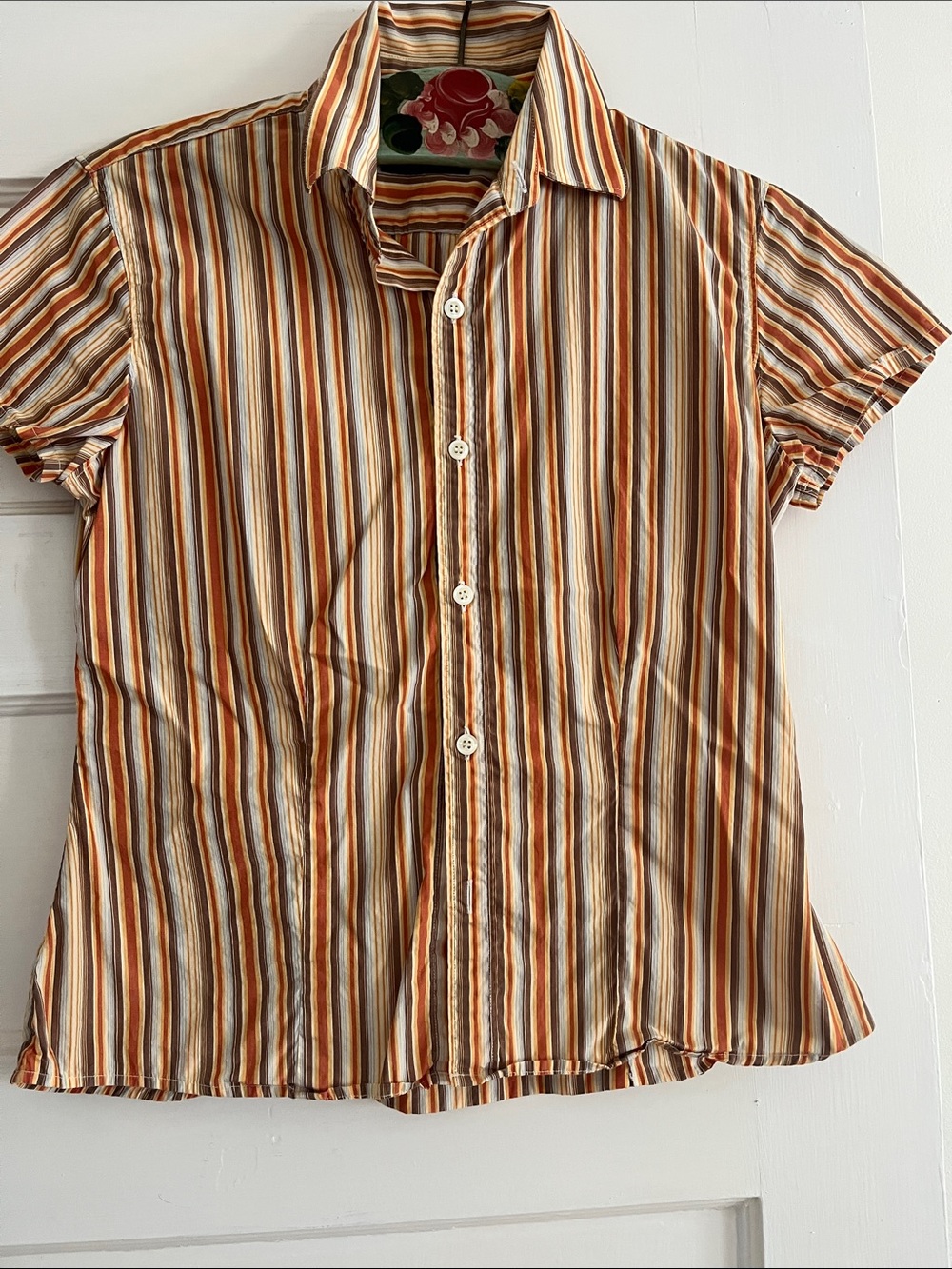 Women’s  Short Sleeve Button-Up Shirt in Orange Multi-Stripe